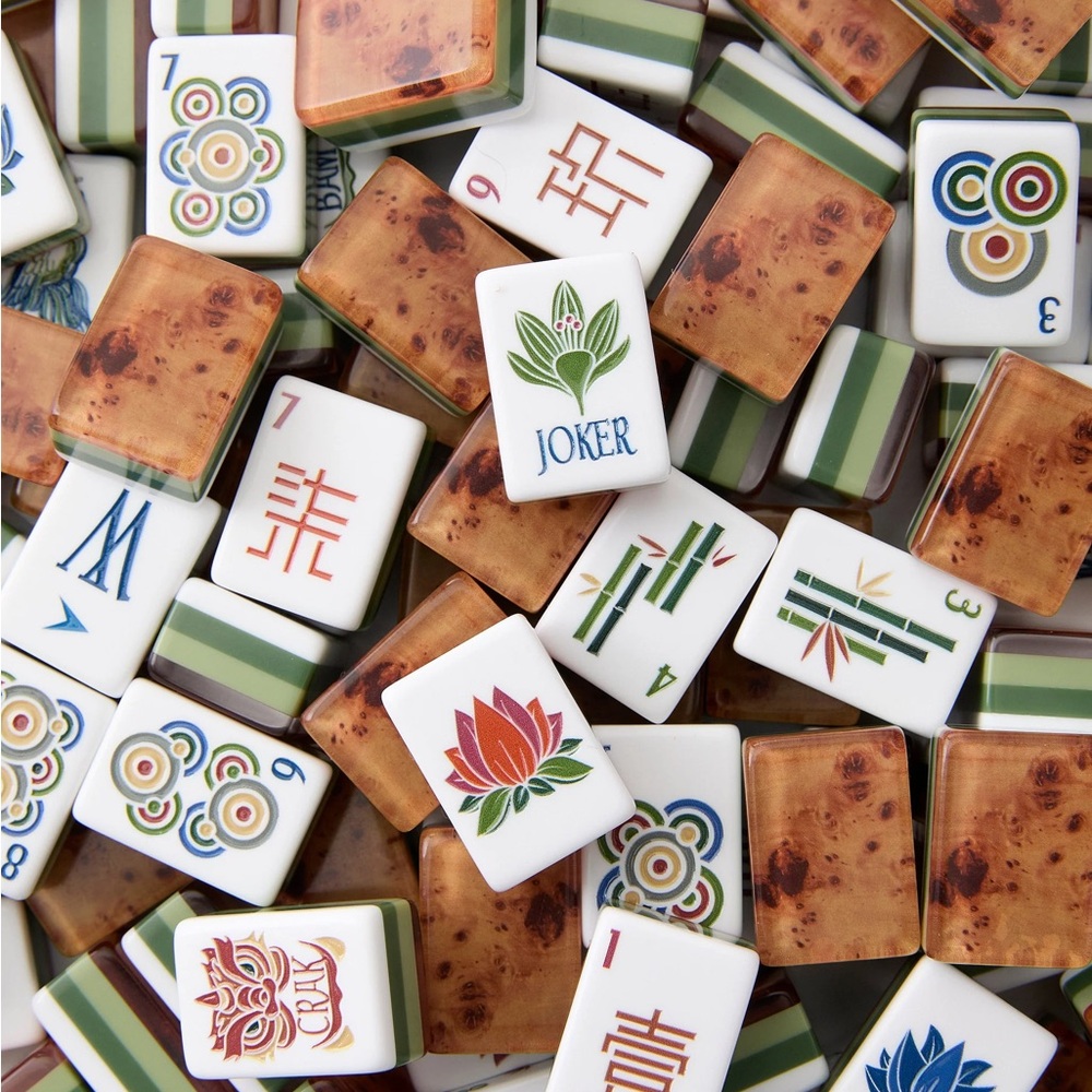Elegant Mahjong Tile Set - White with neutral colors, Burl wood backs